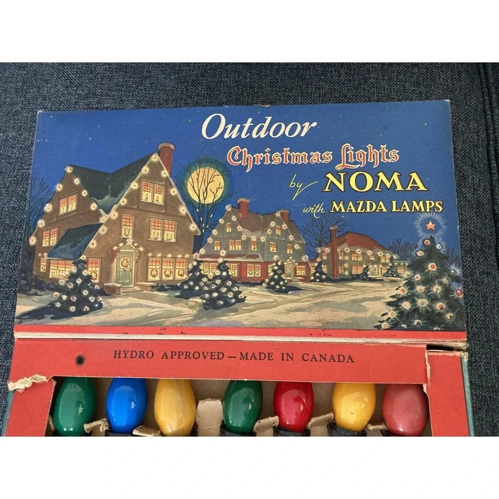 Vintage Noma 7 bulb Christmas outdoor light string red bead orig box 1940's